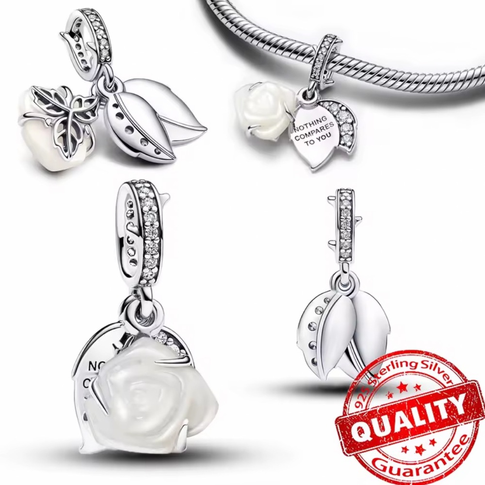 NWOT White Rose in Bloom Double Dangle Charm Sterling Silver 925